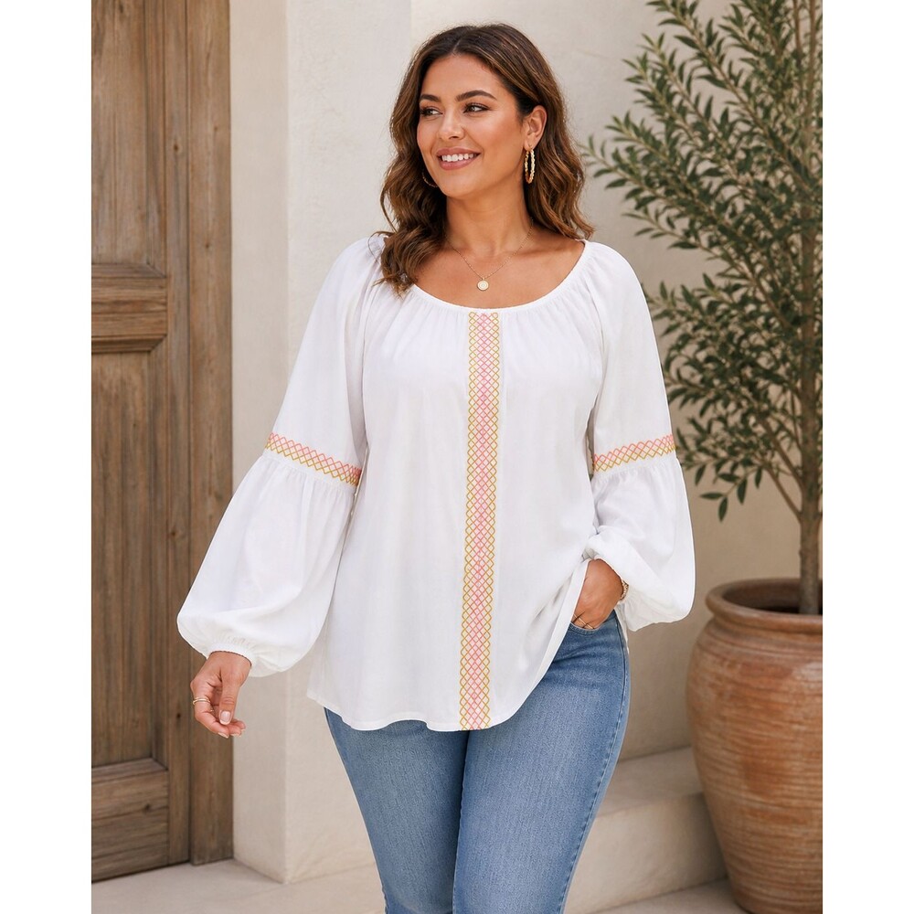 Boho Cottagecore Peasant Top 1X Plus Embroidered Balloon Sleeve White NWT